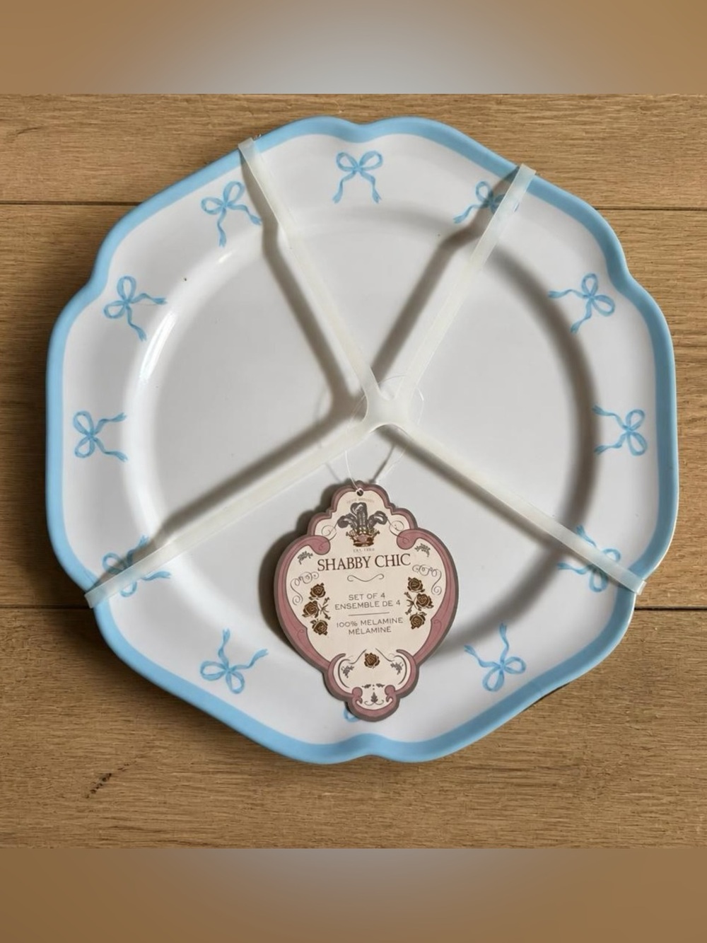 NWT Shabby Chic Melamine Blue Ribbon Bow Plates Set of 4 Coquette Cottagecore